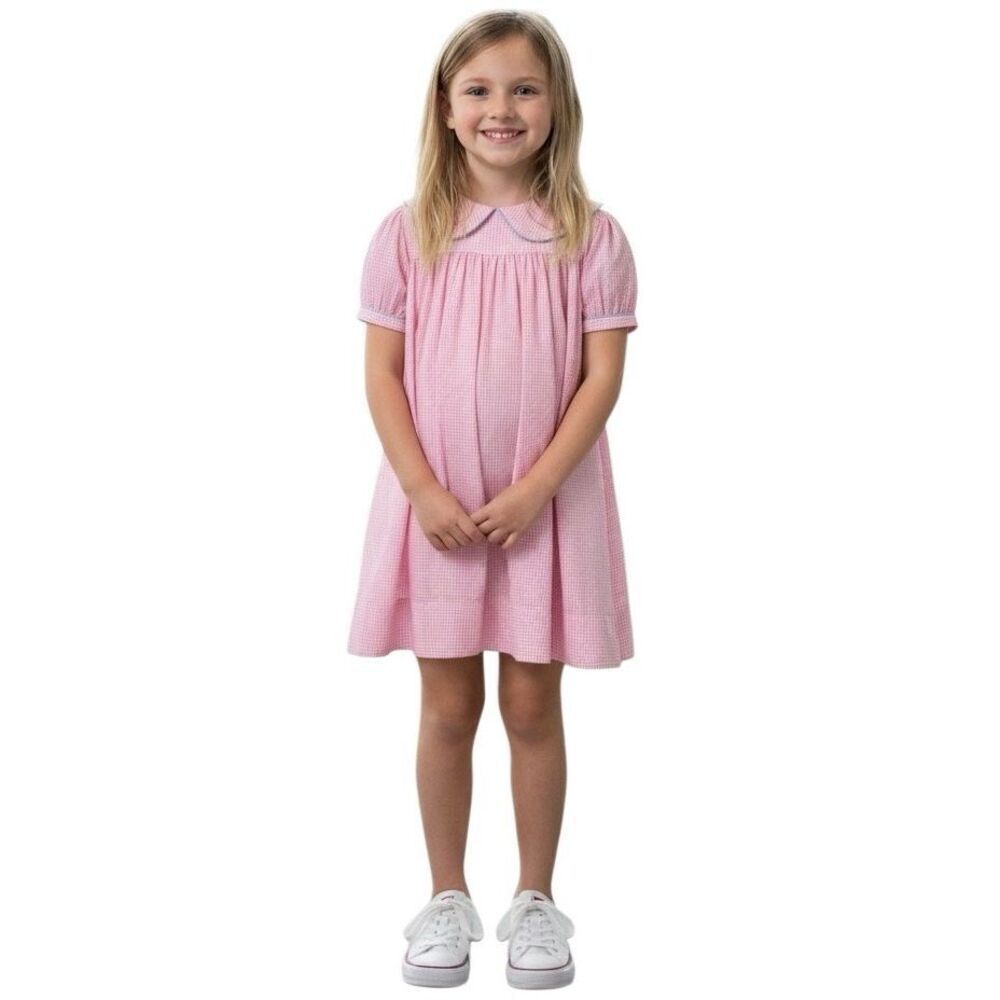 Vtg KELLY'S KIDS Dress‎ Girl 7-8 Pink White Gingham Short Sleeve Peterpan Collar